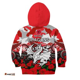 Dragons Rugby ANZAC 2023 Hoodie KID Aboriginal Mix Poppy Lest We Forget