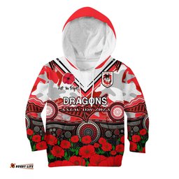 Dragons Rugby ANZAC 2023 Hoodie KID Aboriginal Mix Poppy Lest We Forget