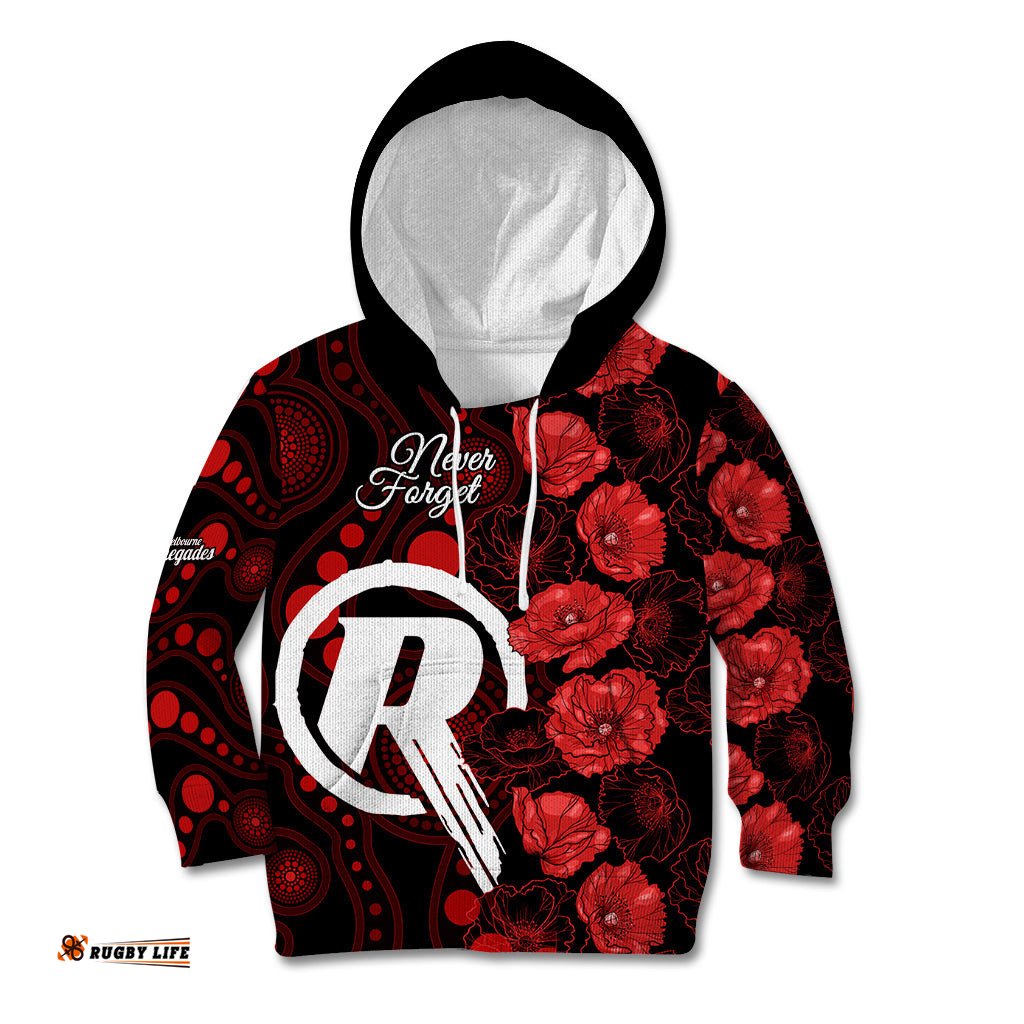 Renegades Cricket Never Forget Custom Kid Hoodie ANZAC Day with Poppy Aboriginal