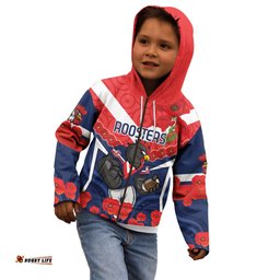 Custom Roosters Rugby ANZAC Kid Hoodie Sydney Gallipoli Soldier With Aboriginal Art