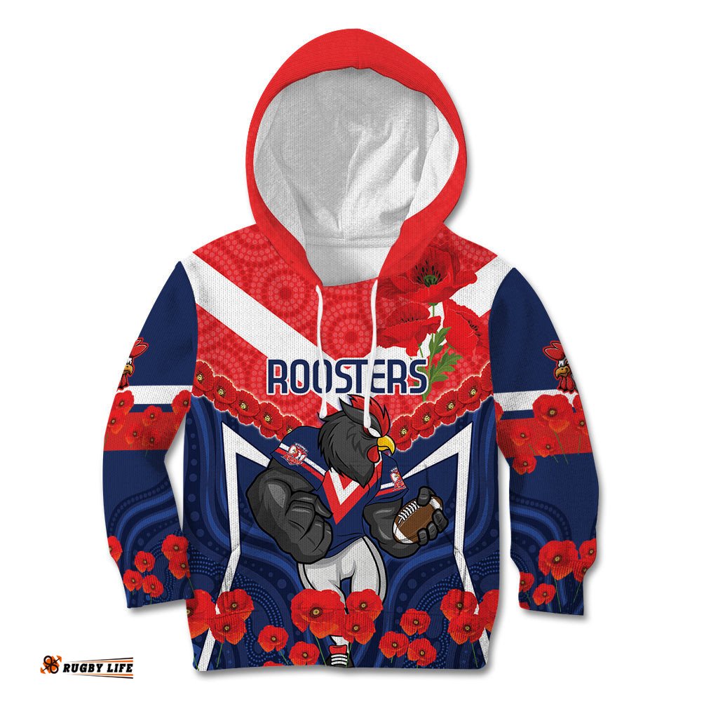 Custom Roosters Rugby ANZAC Kid Hoodie Sydney Gallipoli Soldier With Aboriginal Art