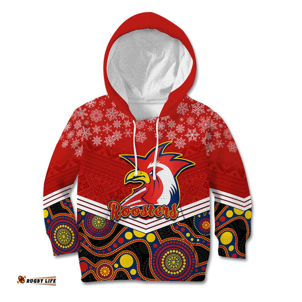 Custom Roosters Rugby Christmas Kid Hoodie Merry Xmas 2023 Mix Aboriginal Art