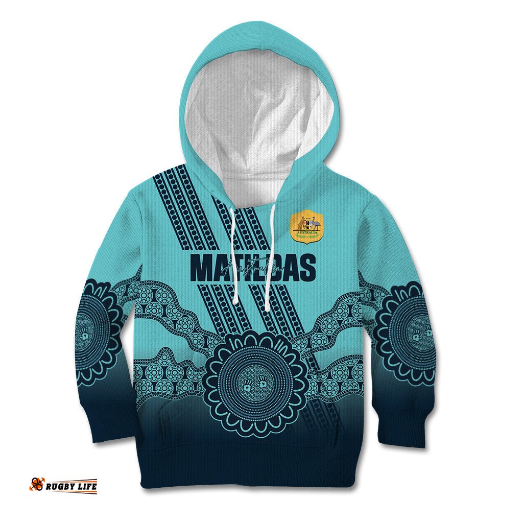 Custom Australia Matildas Kid Hoodie Aussie Aboriginal Turquoise Version