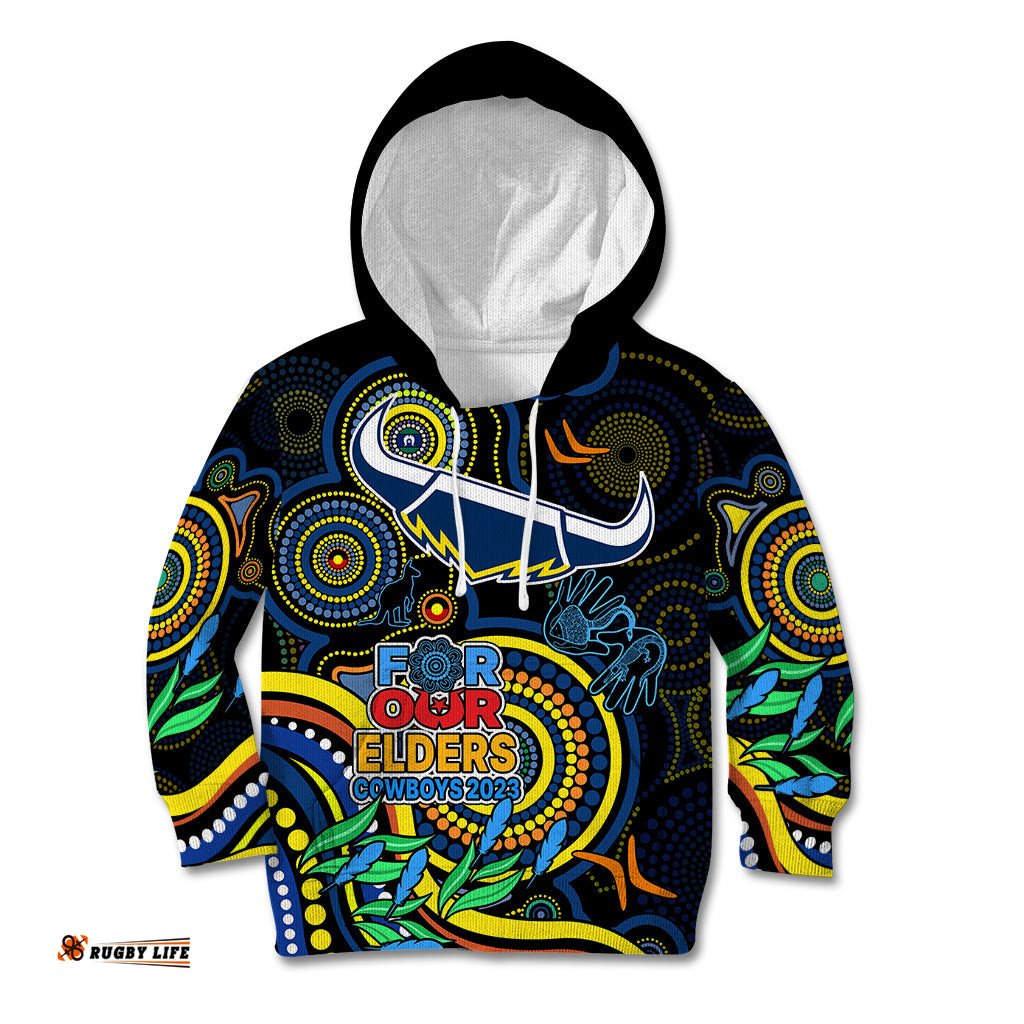 Custom Cowboys Rugby Aboriginal Art Kid Hoodie NAIDOC Indigenous Tribal