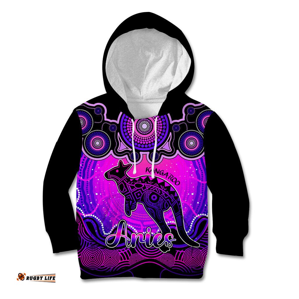 Personalised Australia Aries Kangaroo Zodiac Kid Hoodie Auz Astrology Aboriginal Magenta