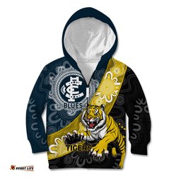 Personalised Richmond And Carlton Football Kid Hoodie Tigers BluesTogether Aboriginal Art