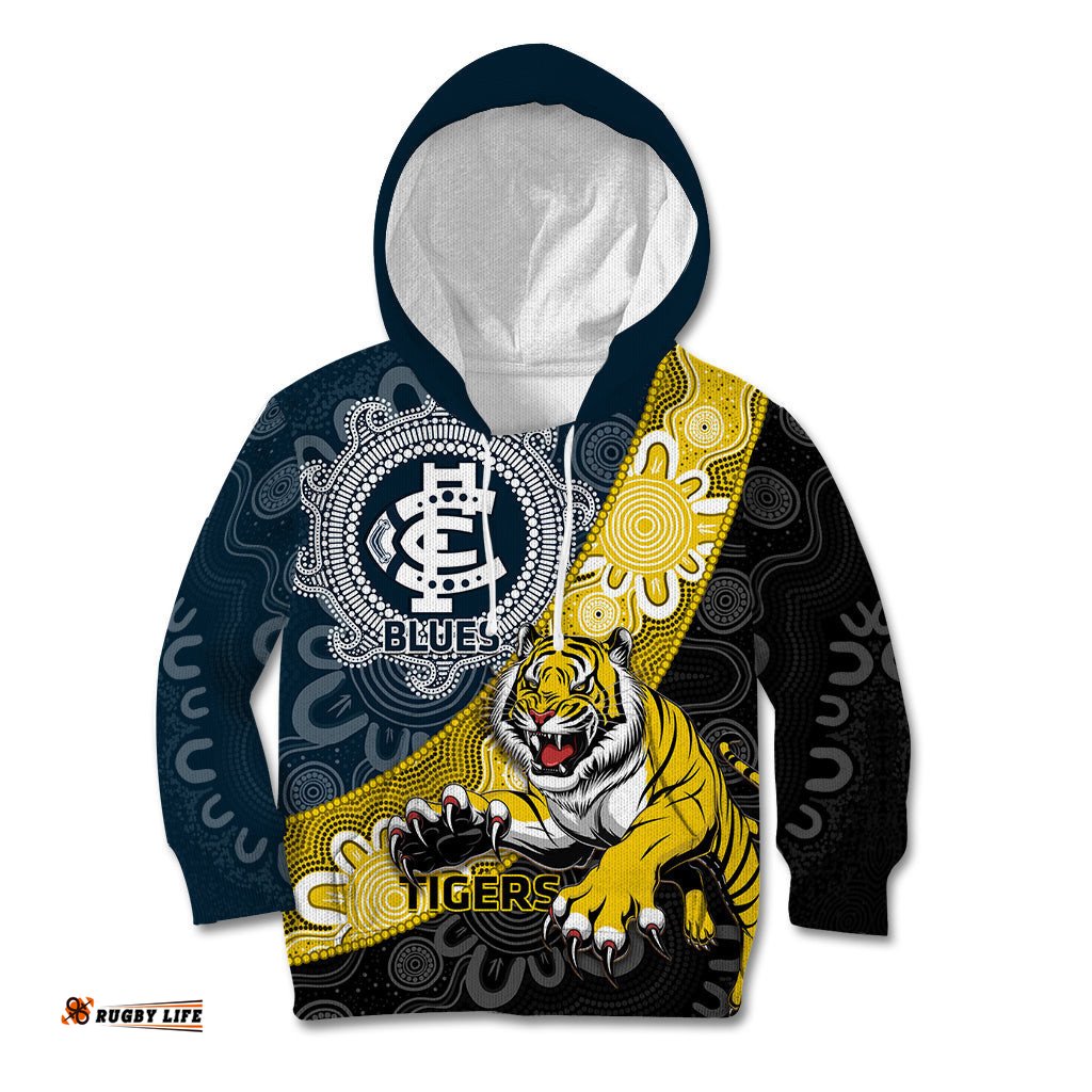 Personalised Richmond And Carlton Football Kid Hoodie Tigers BluesTogether Aboriginal Art