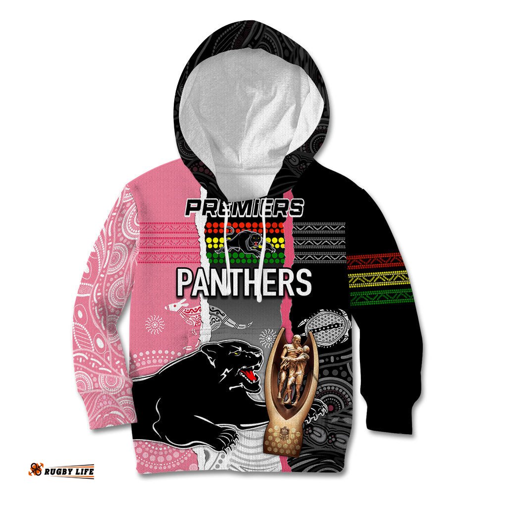 Personalised Panther Rugby NRL Premiers Kid Hoodie Panther Pride Black & Pink Aboriginal Mix Art