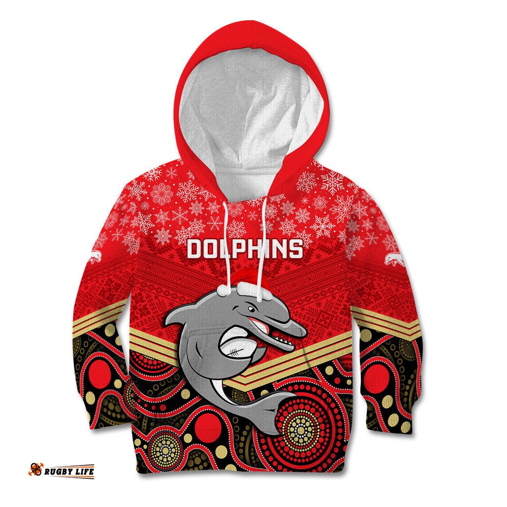 Custom Dolphins Rugby Christmas Kid Hoodie Merry Xmas 2023 Mix Aboriginal Art