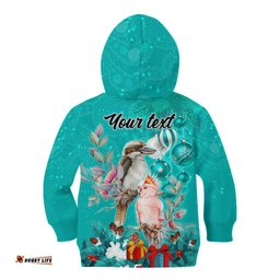 Personalised Kookaburra and Cockatoo Kid Hoodie Australia Merry Christmas Aboriginal Teal Style