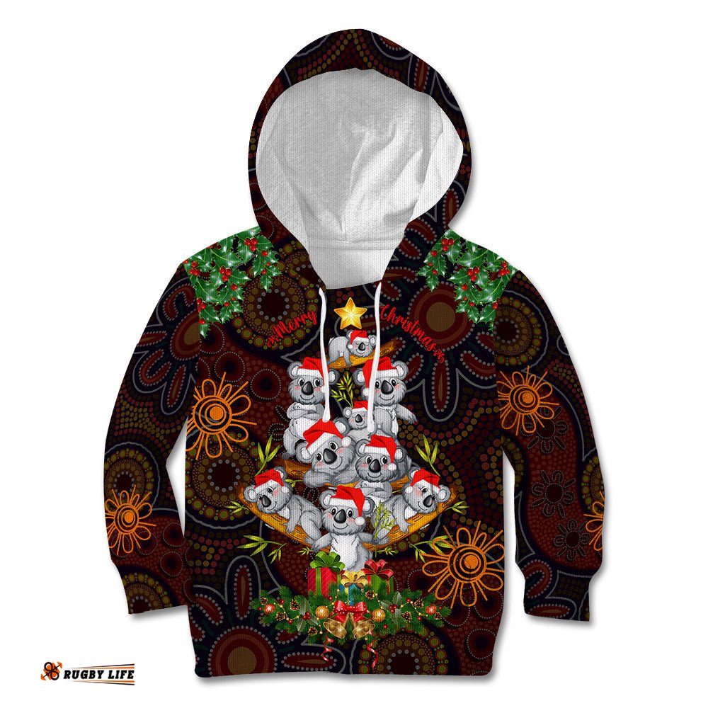 Aboriginal Christmas Kid Hoodie Aussie Koala Christmas Tree with Aboriginal Inspired