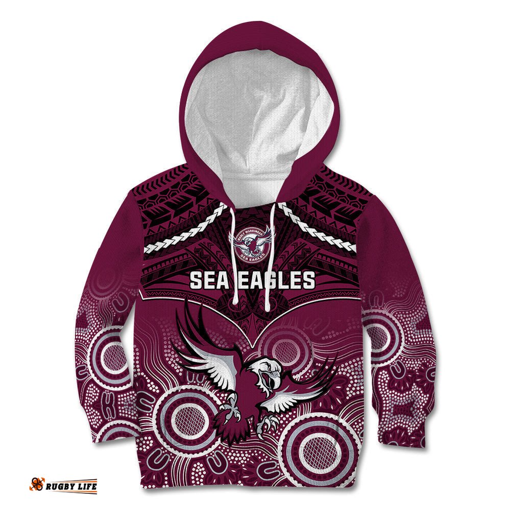 Personalised Sea Eagles Rugby Kid Hoodie Aboriginal Mix Polynesian Pattern