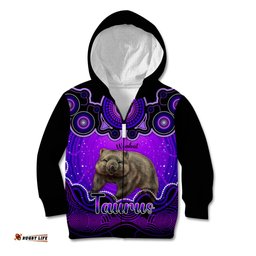 Personalised Australia Taurus Wombat Zodiac Kid Hoodie Auz Astrology Aboriginal Purple