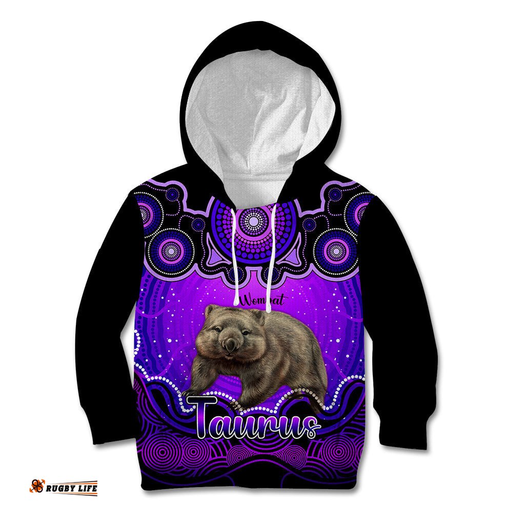 Personalised Australia Taurus Wombat Zodiac Kid Hoodie Auz Astrology Aboriginal Purple