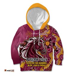 Personalised Broncos NAIDOC Week 2024 Kid Hoodie Aboriginal Fire Burning Sparks