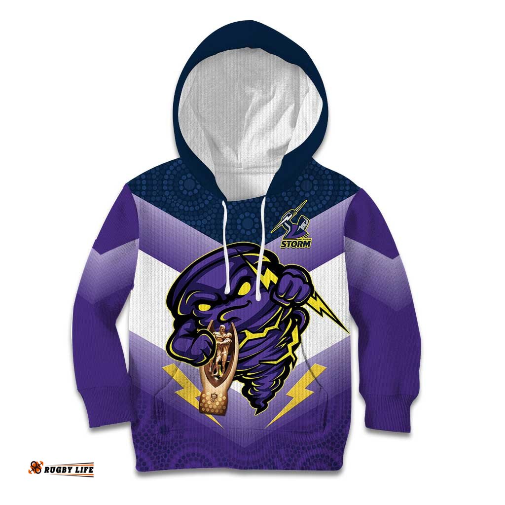 Personalised Storm Rugby 2024 Kid Hoodie Mascot With Trophy Go Champions Aboriginal Art