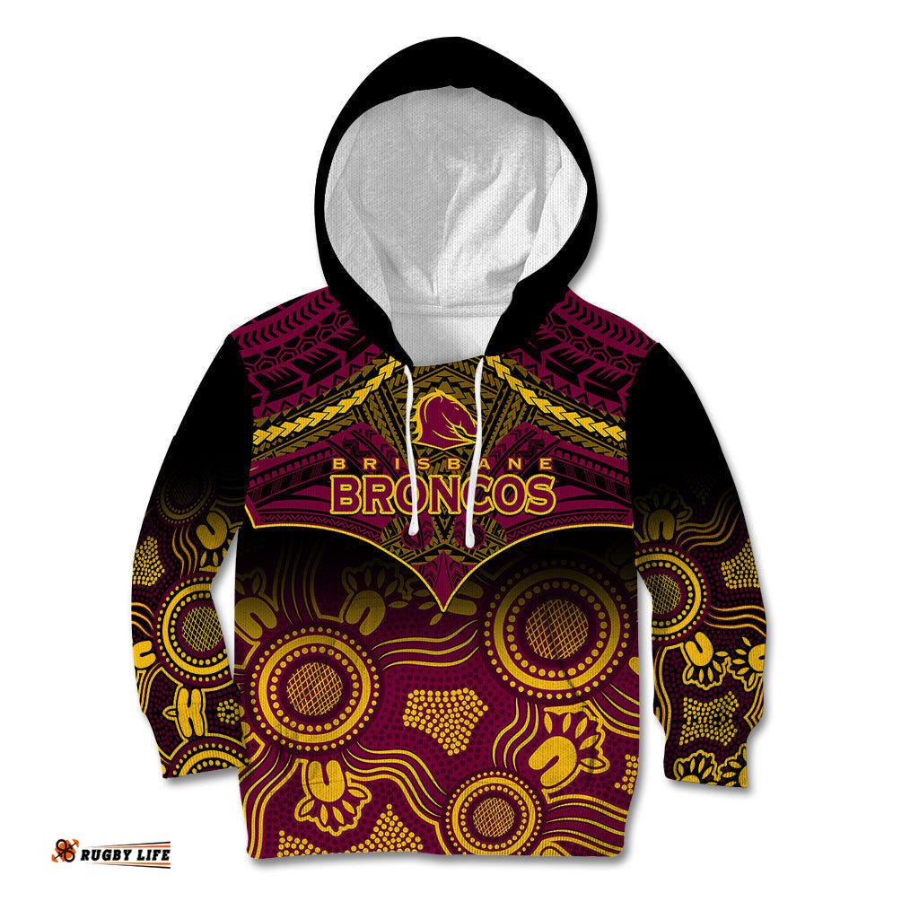 Personalised Brisbane Rugby Kid Hoodie Brisbane 1987 Aboriginal Mix Polynesian Pattern