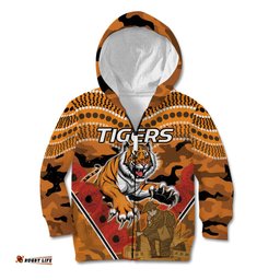 Custom Wests Tigers Rugby ANZAC Kid Hoodie Aboriginal and Army Patterns