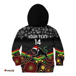 Custom Panthers Rugby Christmas Kid Hoodie Merry Xmas 2023 Mix Aboriginal Art Black Version
