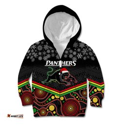 Custom Panthers Rugby Christmas Kid Hoodie Merry Xmas 2023 Mix Aboriginal Art Black Version