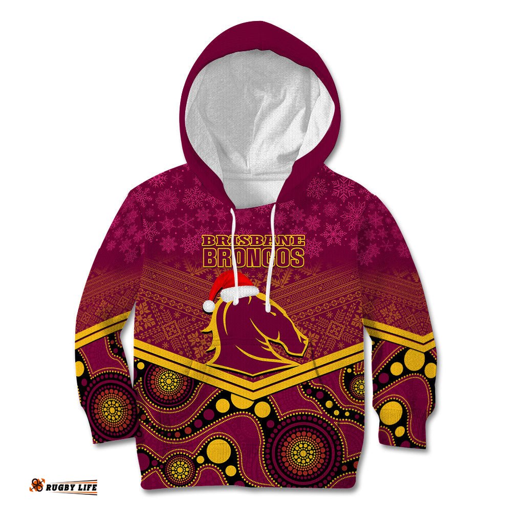 Custom Brisbane Broncos Rugby Christmas Kid Hoodie Merry Xmas 2023 Mix Aboriginal Art
