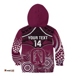 Custom QLD Maroons Rugby Kid Hoodie Aboriginal Mix Polynesian Pattern