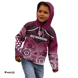 Custom QLD Maroons Rugby Kid Hoodie Aboriginal Mix Polynesian Pattern