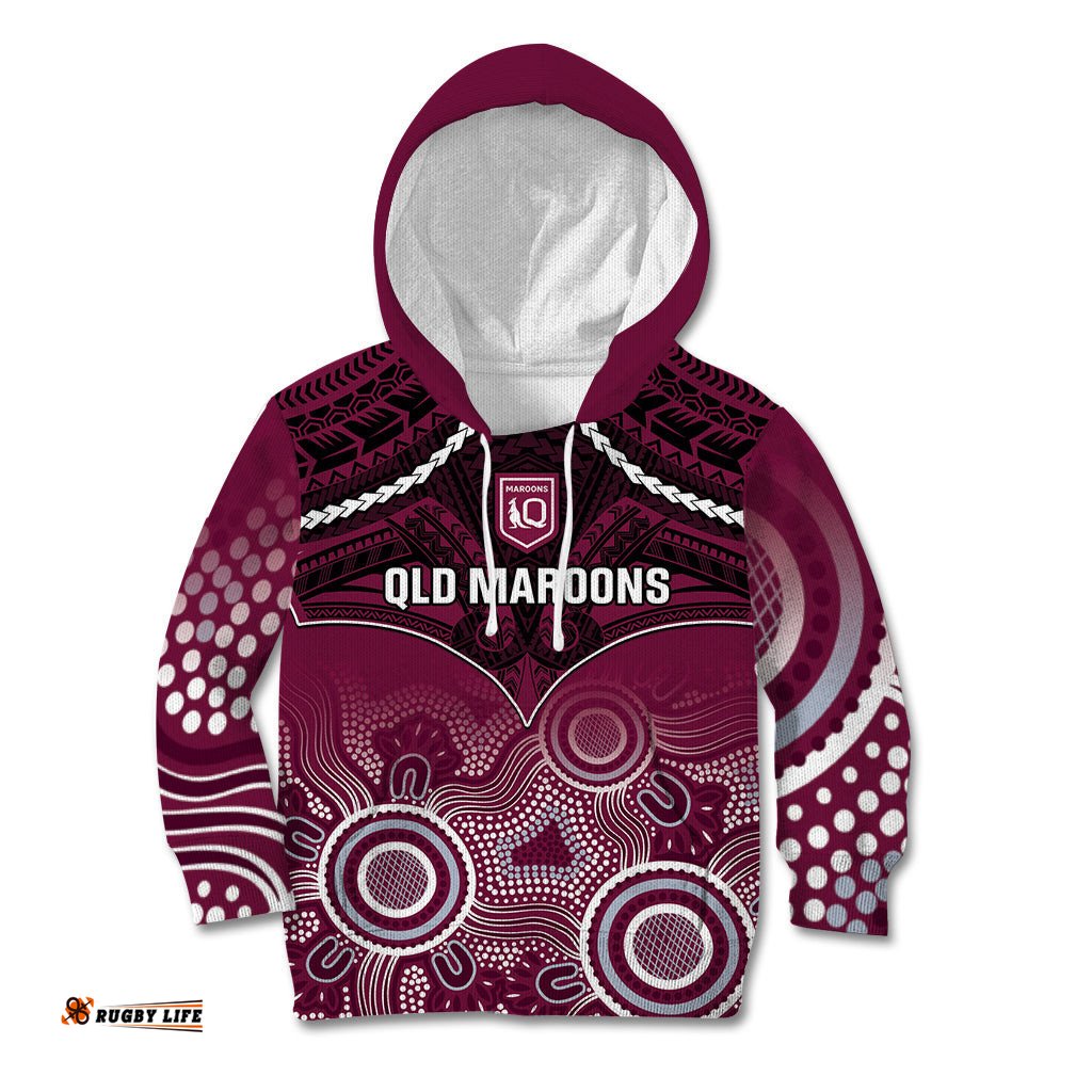 Custom QLD Maroons Rugby Kid Hoodie Aboriginal Mix Polynesian Pattern