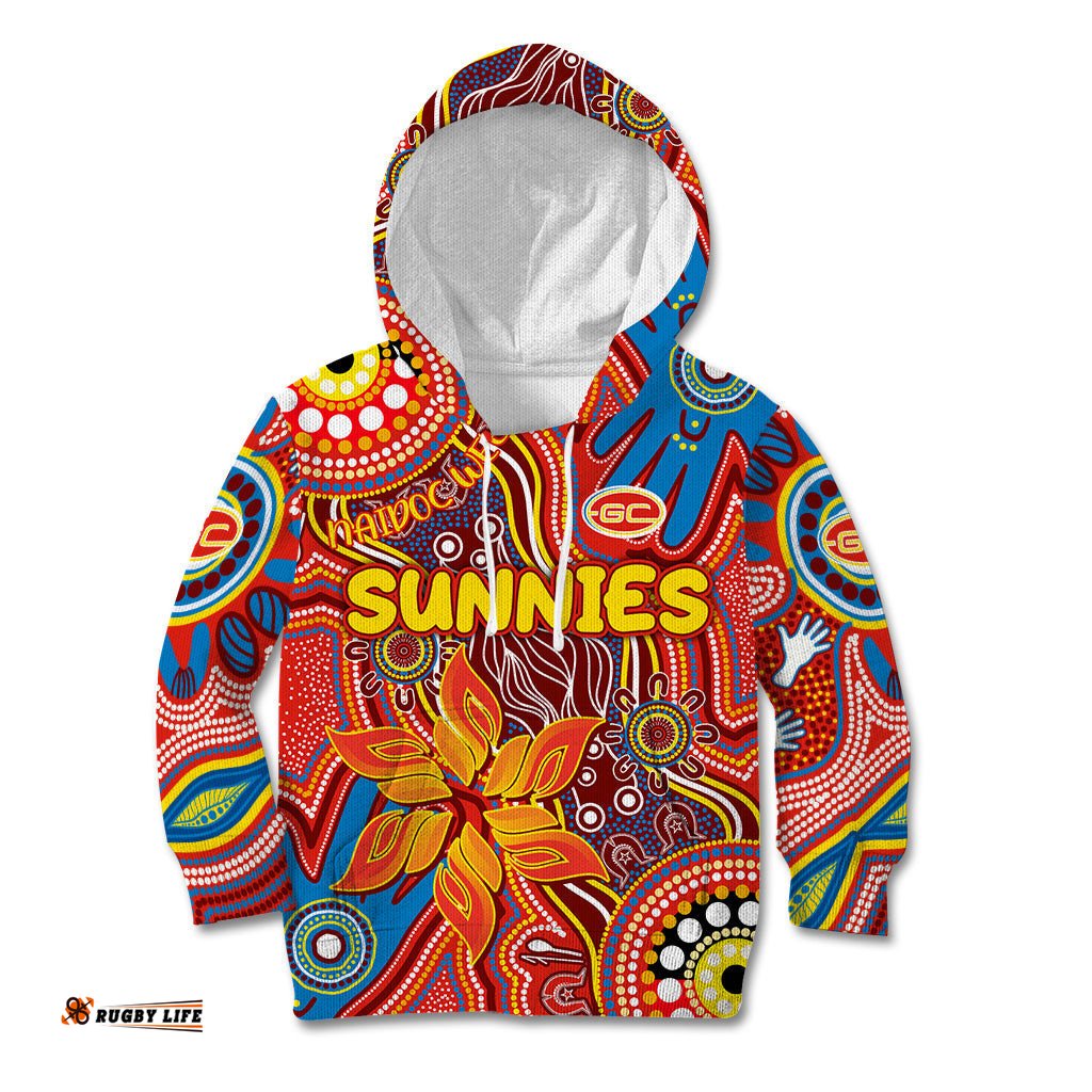 Personalised NAIDOC Week 2024 Gold Coast Suns Kid Hoodie Australian Aboriginal Hand Painting