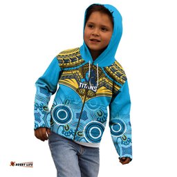 Personalised Titans Rugby Kid Hoodie Aboriginal Mix Polynesian Pattern