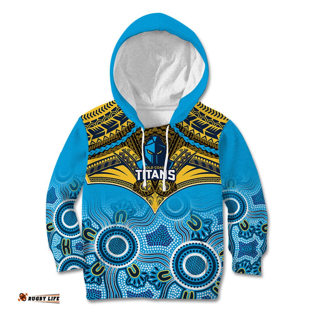 Personalised Titans Rugby Kid Hoodie Aboriginal Mix Polynesian Pattern