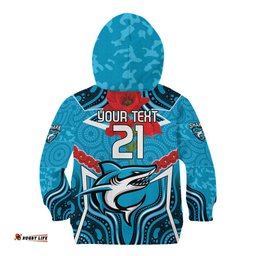 Custom Sharks Rugby ANZAC Kid Hoodie Gallipoli Soldier With Aboriginal Art