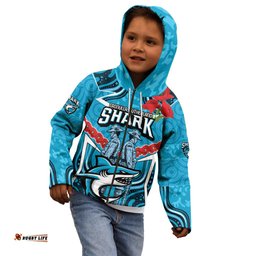 Custom Sharks Rugby ANZAC Kid Hoodie Gallipoli Soldier With Aboriginal Art