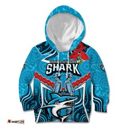Custom Sharks Rugby ANZAC Kid Hoodie Gallipoli Soldier With Aboriginal Art