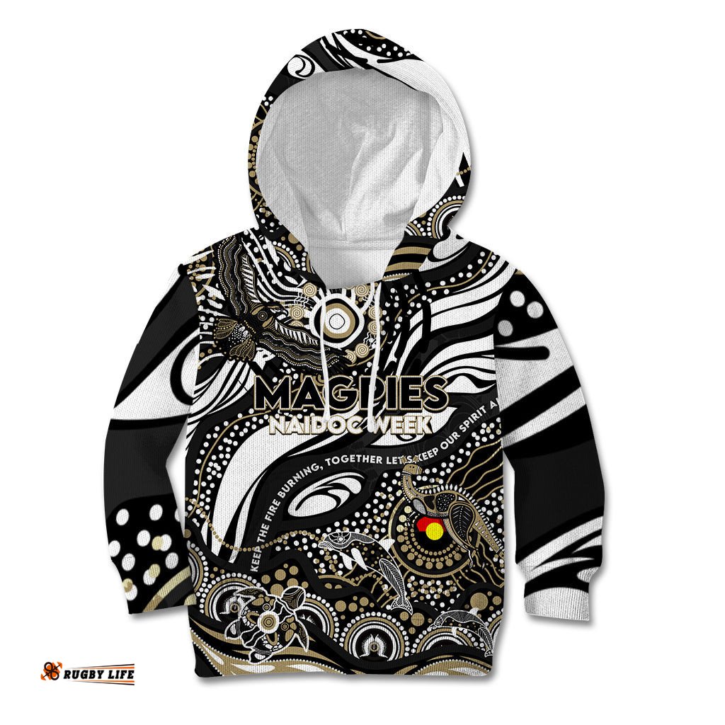 Custom NAIDOC Week 2024 Magpies Kid Hoodie Aboriginal Animals Keep The Fire Burning