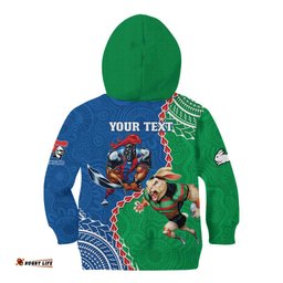 Personalised Rabbitohs And Knights Rugby Kid Hoodie Aboriginal Mix Polynesian Pattern