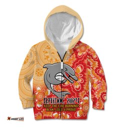 Personalised Dolphins NAIDOC Week 2024 Kid Hoodie Aboriginal Fire Burning Sparks