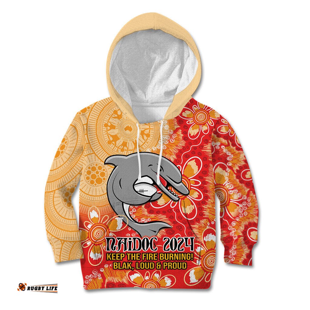 Personalised Dolphins NAIDOC Week 2024 Kid Hoodie Aboriginal Fire Burning Sparks