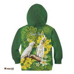 Personalised Australia Golden Wattle And Cacatua Galerita Kid Hoodie Aboriginal Art