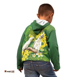 Personalised Australia Golden Wattle And Cacatua Galerita Kid Hoodie Aboriginal Art