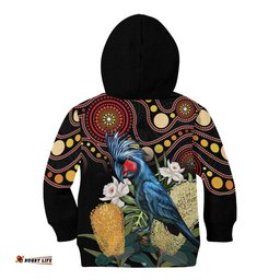 Australia Palm Cockatoo Kid Hoodie Aussie Banksia Aboriginal Pattern