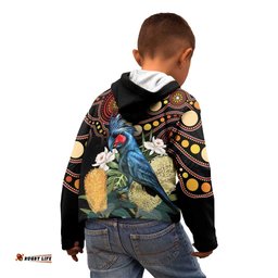 Australia Palm Cockatoo Kid Hoodie Aussie Banksia Aboriginal Pattern