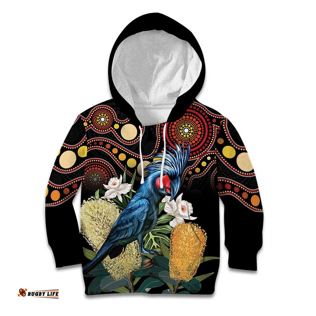 Australia Palm Cockatoo Kid Hoodie Aussie Banksia Aboriginal Pattern