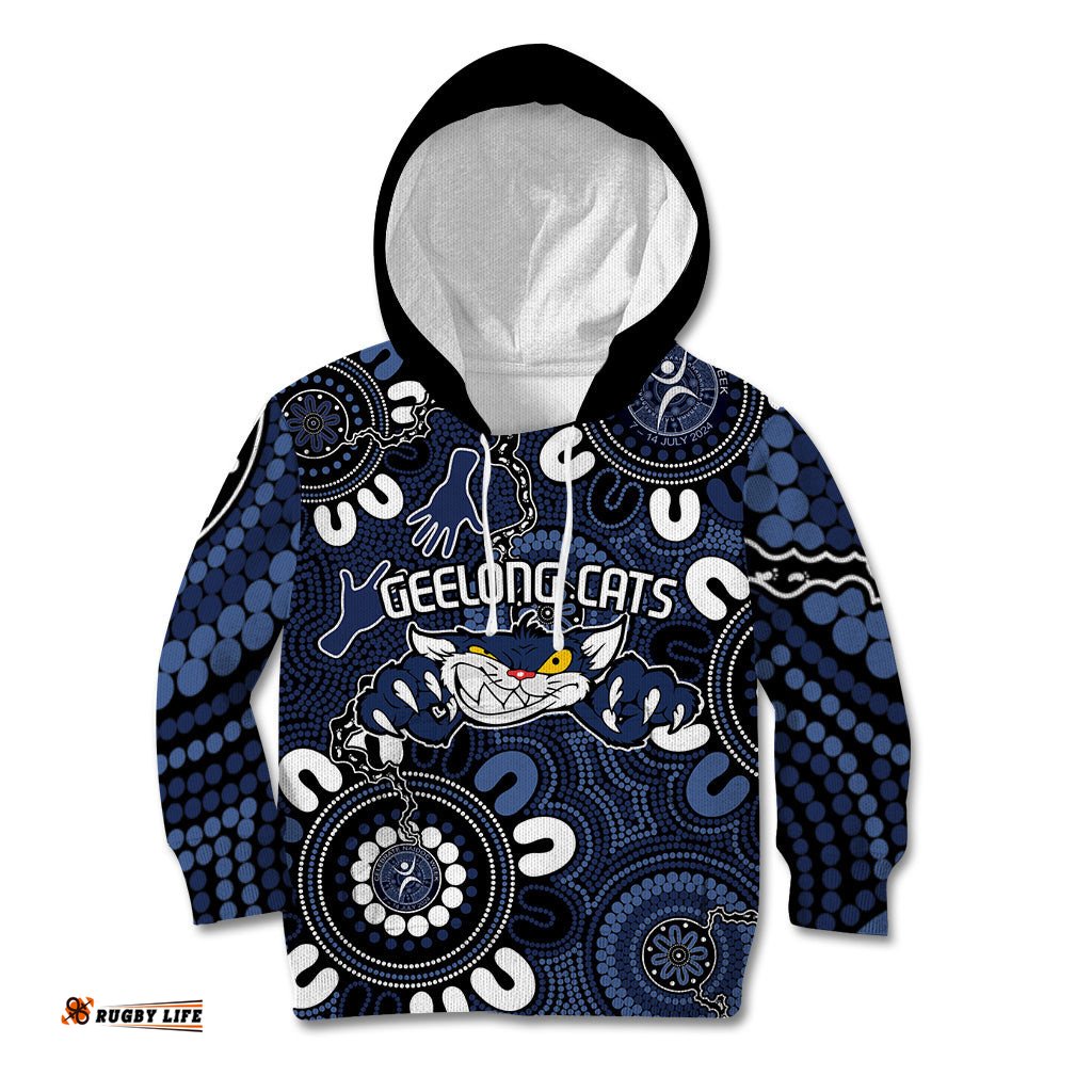 Custom Geelong Cats NAIDOC Week 2024 Kid Hoodie Fire Burning Aboriginal Dots Art