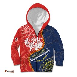 Custom Dragons And Cowboys Rugby Kid Hoodie Aboriginal Mix Polynesian Pattern