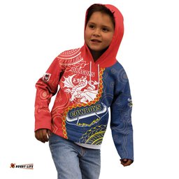 Custom Dragons And Cowboys Rugby Kid Hoodie Aboriginal Mix Polynesian Pattern