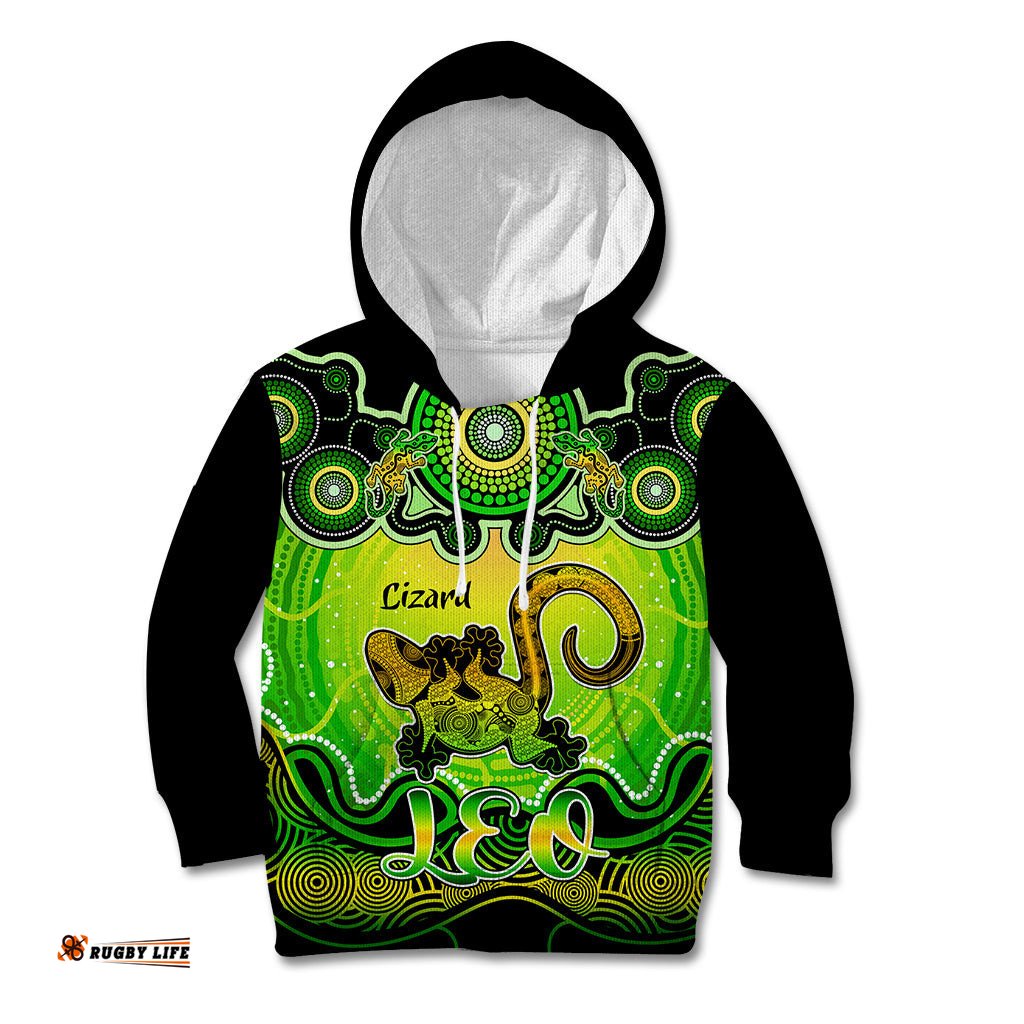 Personalised Australia Leo Lizard Zodiac Kid Hoodie Auz Astrology Aboriginal Green