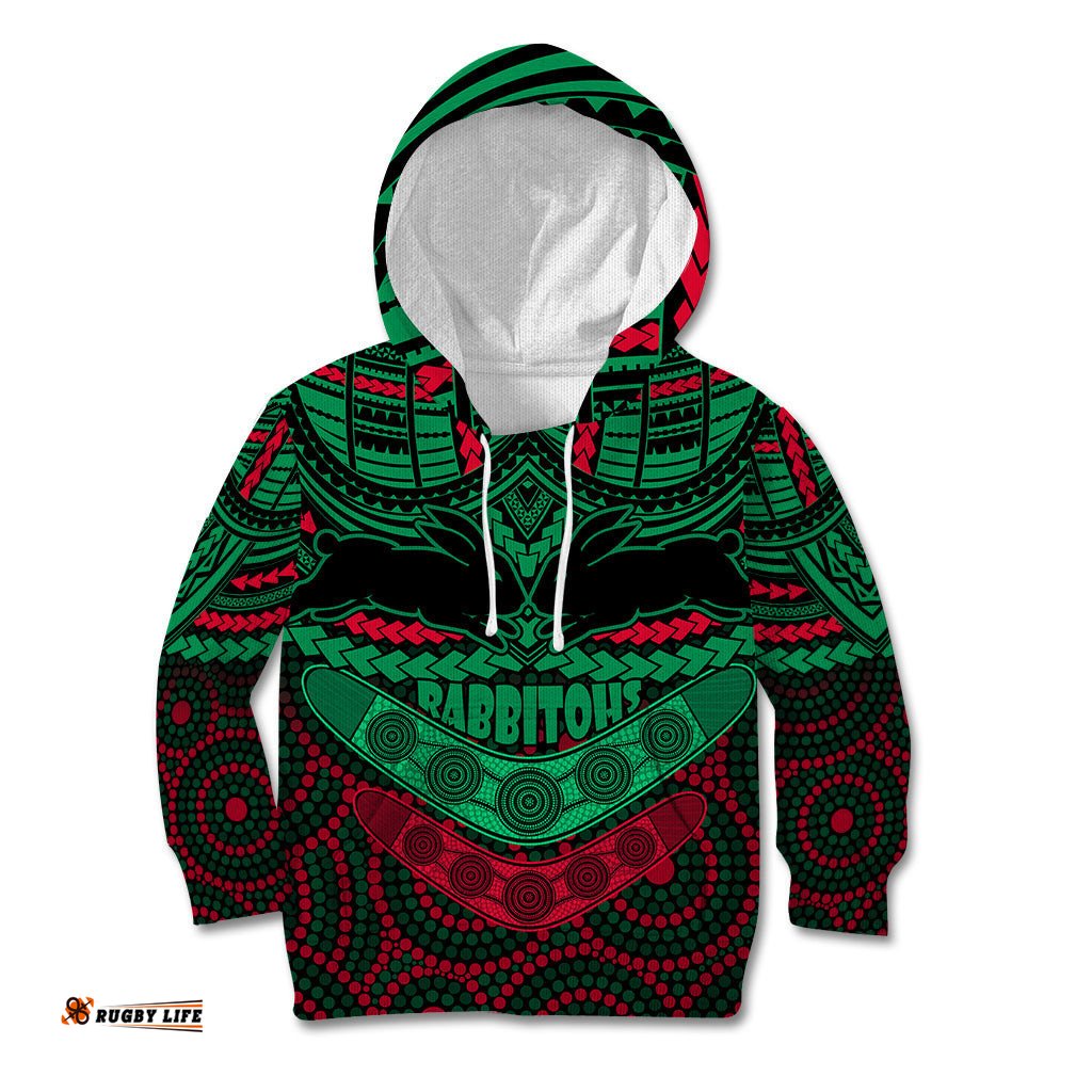 Custom Rabbitohs Rugby Kid Hoodie Polynesian and Aboriginal Special Version