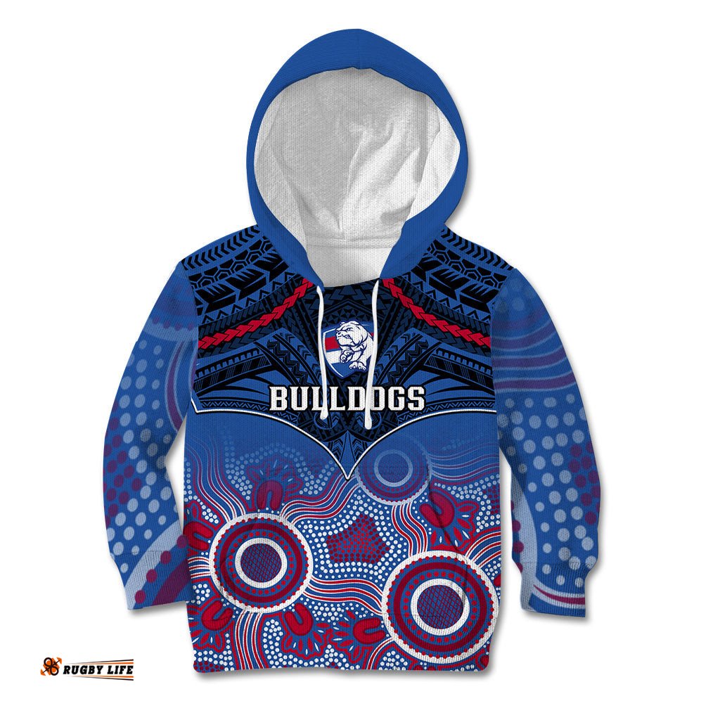 Personalised Bulldogs Football Kid Hoodie Doggies Aboriginal Mix Polynesian Pattern