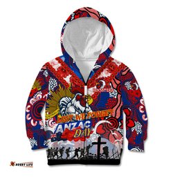 Personalised Roosters ANZAC Day Kid Hoodie Aboriginal Rising Sun